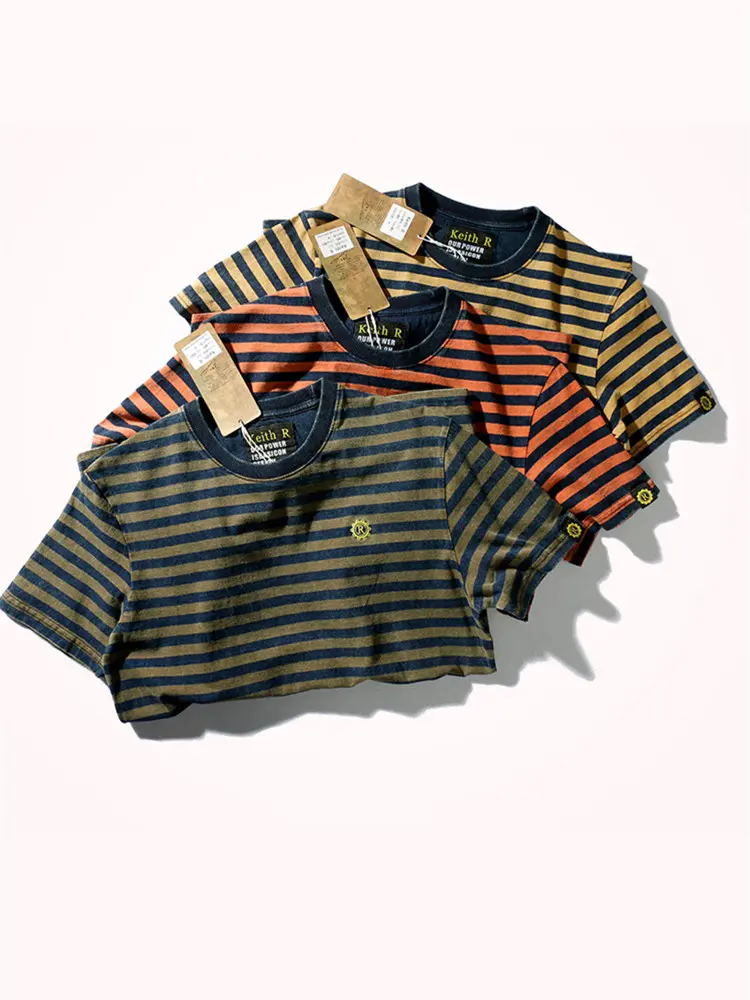 2022# Summer New Japanese Retro Men's Fashion Short Sleeve Striped T-shirt Pure Cotton Slim Simple Round Neck Washed Old T-shirt