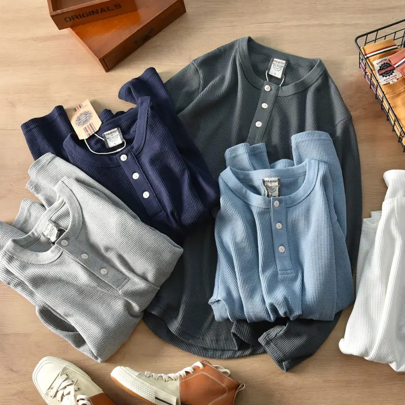 Autumn New Men's Fashion Simple Long Sleeve Henry Collar 100% Cotton Waffle Solid Color T-shirt Washed Old Loose Casual Tops