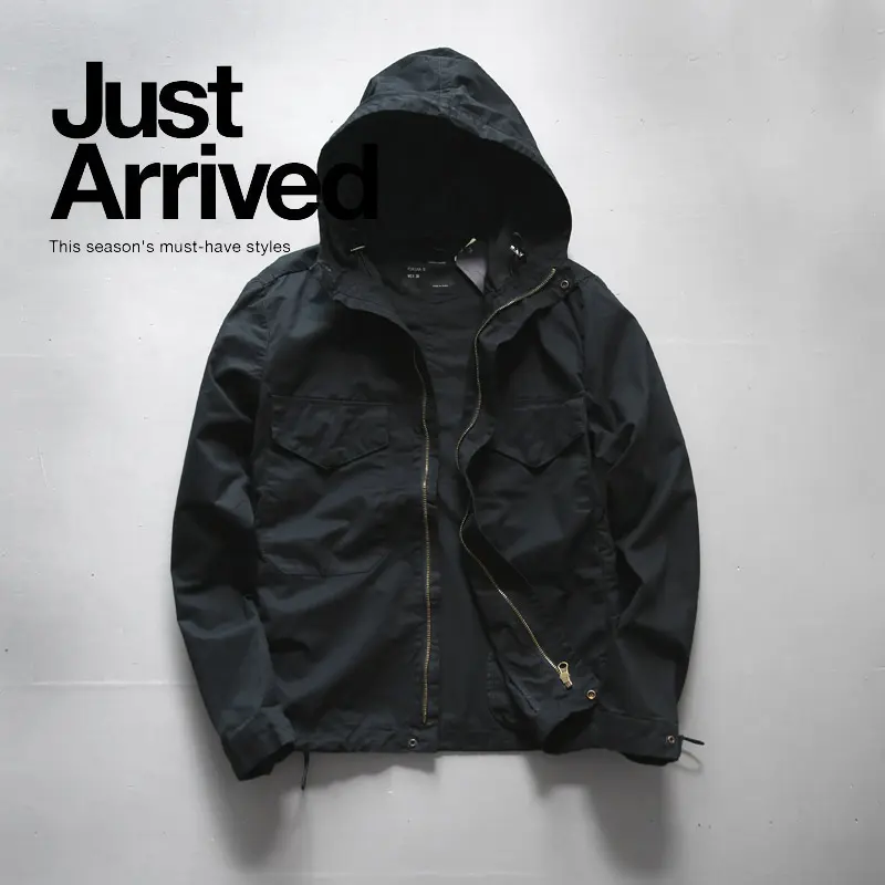 2021 Autumn Winter New M65 Zipper Woven Hooded Short Windbreaker Coat Men's Fashion Pure Cotton Washed Old Casual Thin Jacket