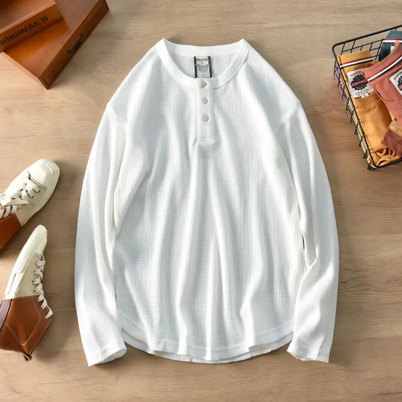 Autumn New Men's Fashion Simple Long Sleeve Henry Collar 100% Cotton Waffle Solid Color T-shirt Washed Old Loose Casual Tops