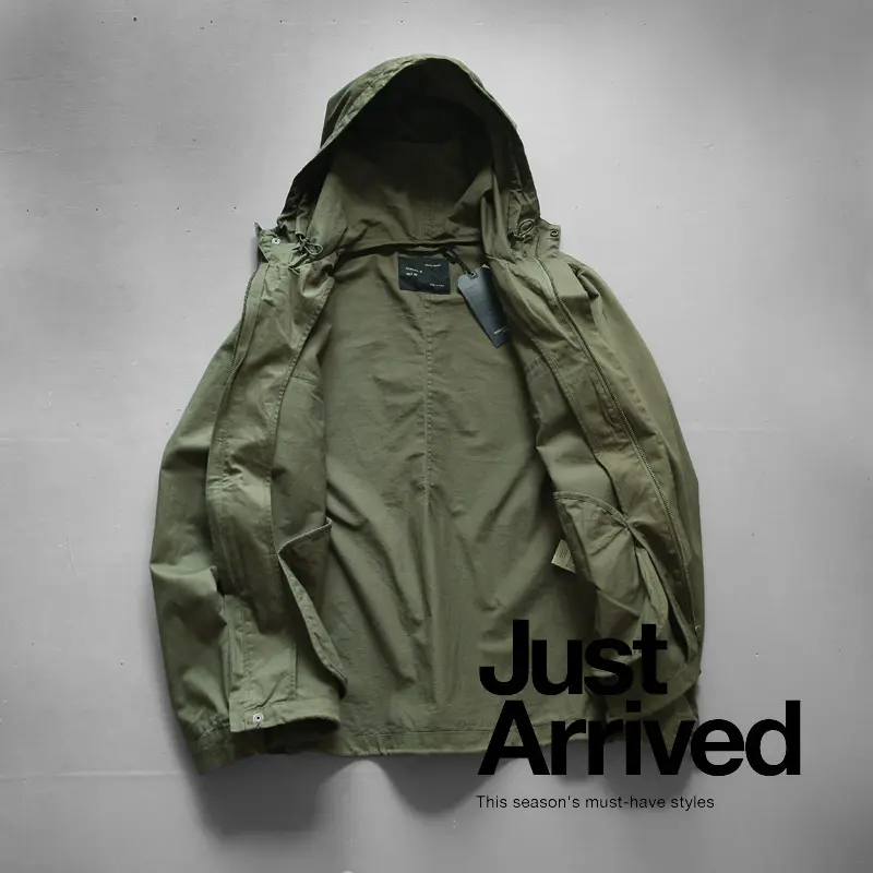 2021 Autumn Winter New M65 Zipper Woven Hooded Short Windbreaker Coat Men's Fashion Pure Cotton Washed Old Casual Thin Jacket