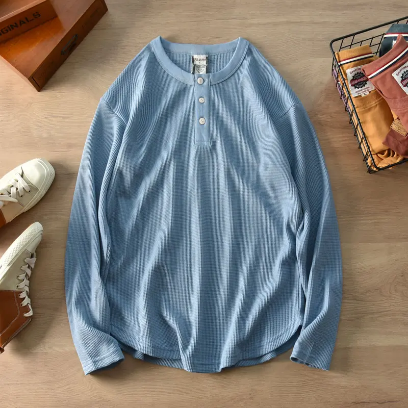 Autumn New Men's Fashion Simple Long Sleeve Henry Collar 100% Cotton Waffle Solid Color T-shirt Washed Old Loose Casual Tops