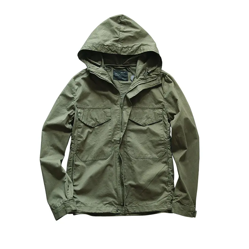 2021 Autumn Winter New M65 Zipper Woven Hooded Short Windbreaker Coat Men's Fashion Pure Cotton Washed Old Casual Thin Jacket