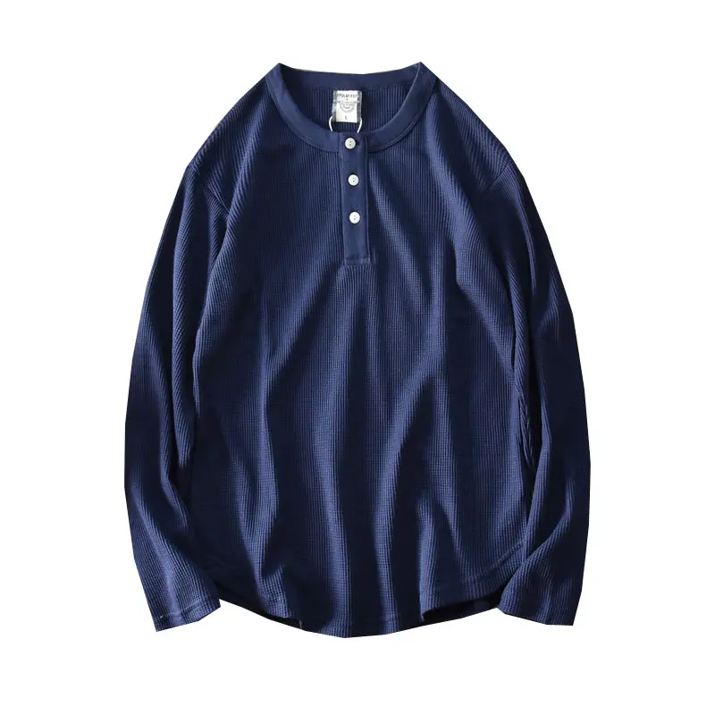 Autumn New Men's Fashion Simple Long Sleeve Henry Collar 100% Cotton Waffle Solid Color T-shirt Washed Old Loose Casual Tops