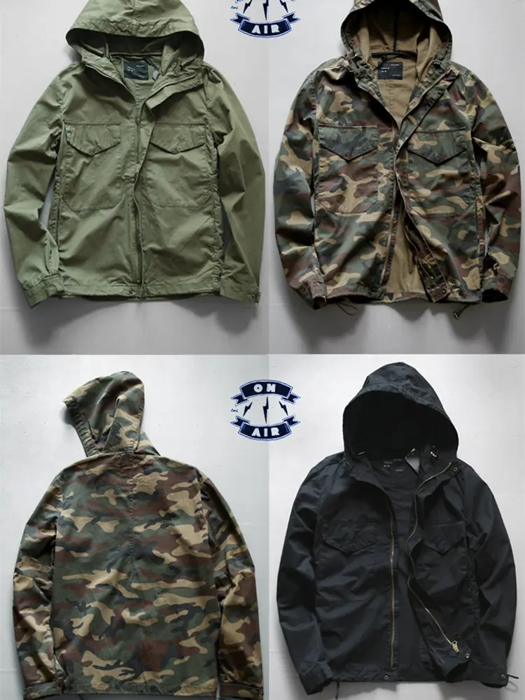 2021 Autumn Winter New M65 Zipper Woven Hooded Short Windbreaker Coat Men's Fashion Pure Cotton Washed Old Casual Thin Jacket