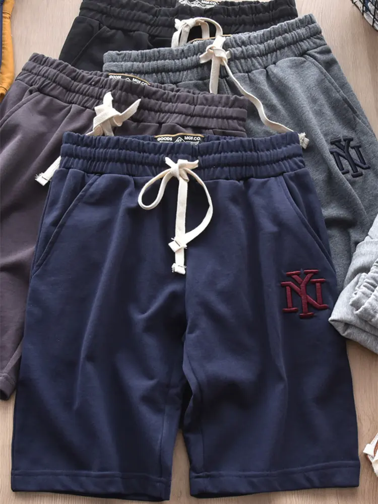 2021 Summer Embroidery Short Swaetpants Men's Running Casual Shorts Elastic Waist Drawstring Pure Cotton Sports Five-point Pants