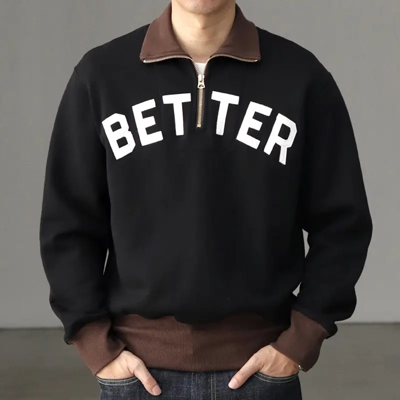 Autumn American Retro 460G Thick Velvet Letter Printed Knitted Hoodies Men's 100% Cotton Washed Heavyweight Half Zip Sweatshirt