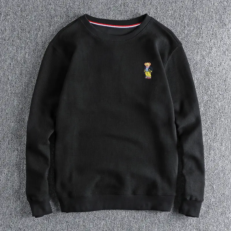 Autumn New American Retro Long Sleeve Waffle Embroidery Sweatshirts Men's Pure Cotton Washed Pullover Knitted Casual Sportwear