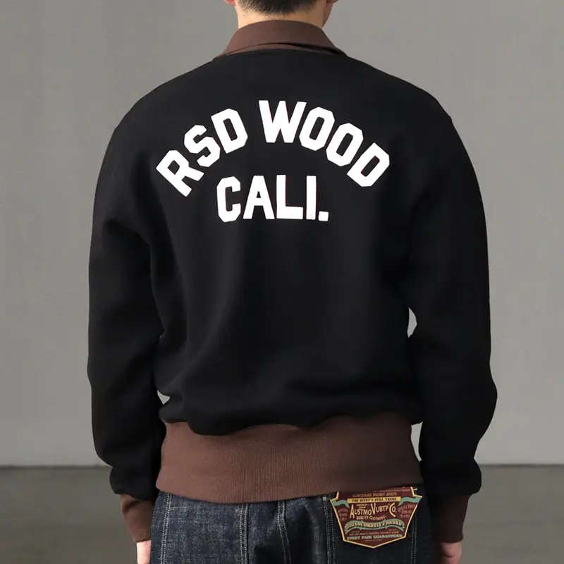 Autumn American Retro 460G Thick Velvet Letter Printed Knitted Hoodies Men's 100% Cotton Washed Heavyweight Half Zip Sweatshirt