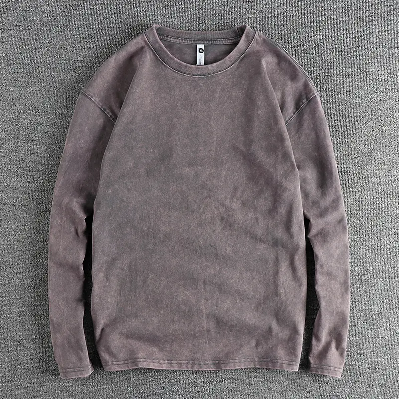 Autumn American Retro 270G Long-sleeved O-neck Heavyweight Solid Color T-shirt Men's Simple 100% Cotton Washed Casual Youth Tops