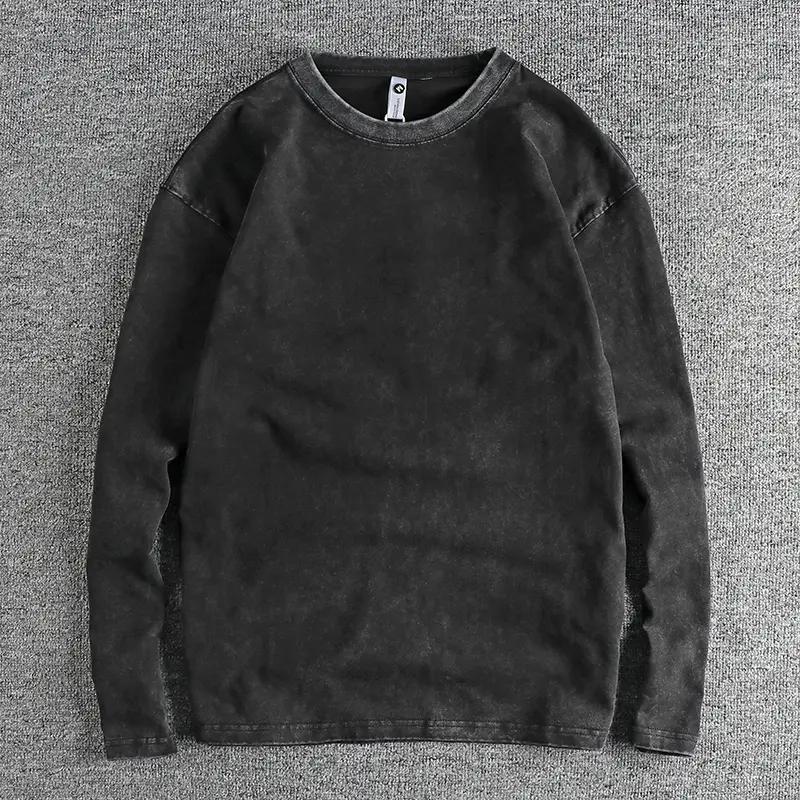 Autumn American Retro 270G Long-sleeved O-neck Heavyweight Solid Color T-shirt Men's Simple 100% Cotton Washed Casual Youth Tops