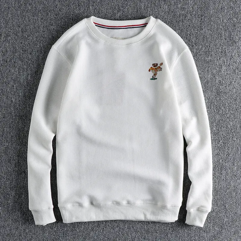 Autumn New American Retro Long Sleeve Waffle Embroidery Sweatshirts Men's Pure Cotton Washed Pullover Knitted Casual Sportwear