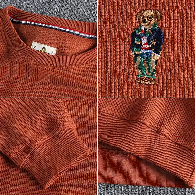 Autumn New American Retro Long Sleeve Waffle Embroidery Sweatshirts Men's Pure Cotton Washed Pullover Knitted Casual Sportwear