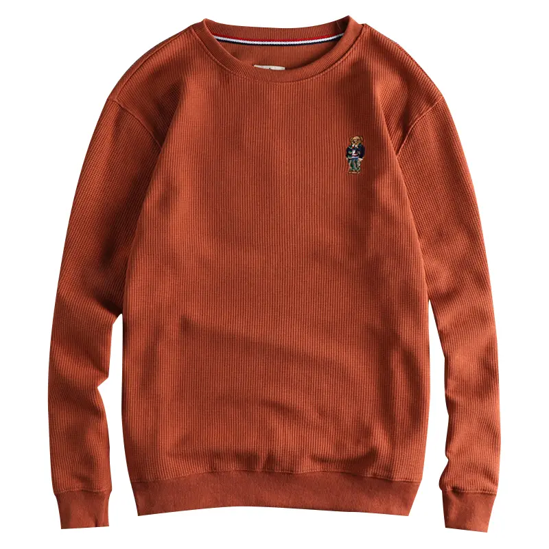Autumn New American Retro Long Sleeve Waffle Embroidery Sweatshirts Men's Pure Cotton Washed Pullover Knitted Casual Sportwear