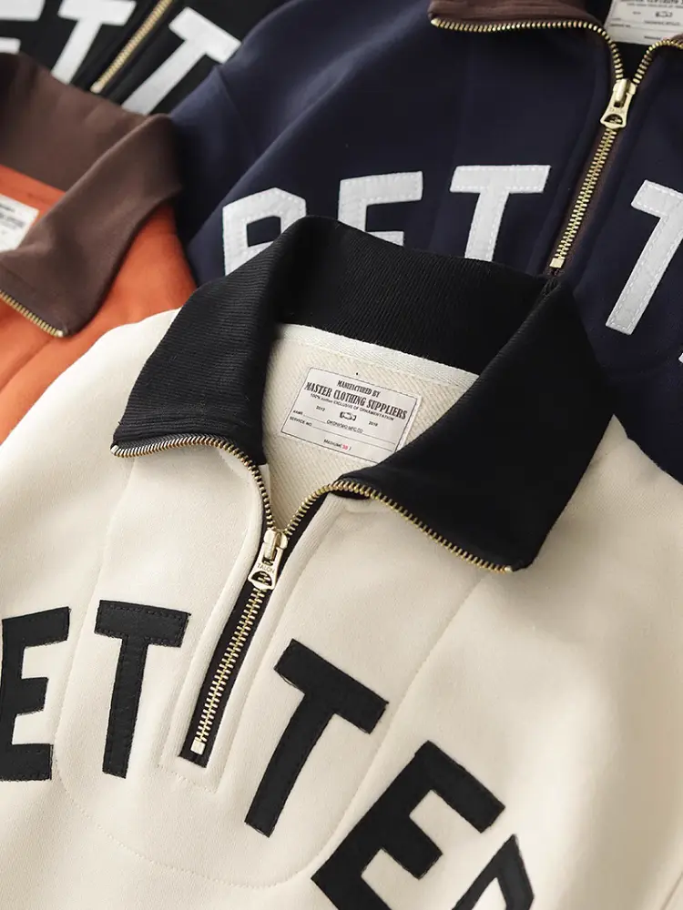 Autumn American Retro 460G Thick Velvet Letter Printed Knitted Hoodies Men's 100% Cotton Washed Heavyweight Half Zip Sweatshirt