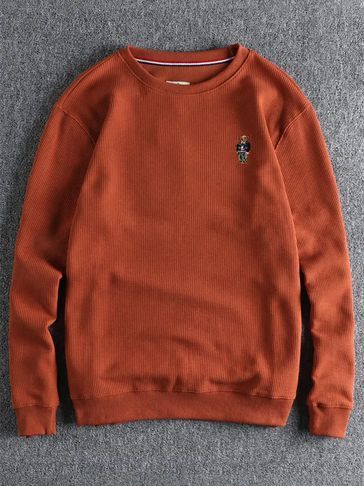 Autumn New American Retro Long Sleeve Waffle Embroidery Sweatshirts Men's Pure Cotton Washed Pullover Knitted Casual Sportwear