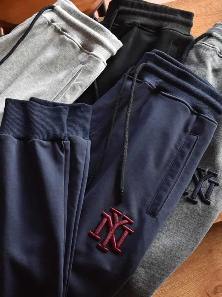 Autumn American Simple Terry Embroidery Sweatpants Men's Fashion Pure Cotton Loose Elastic Waist Drawstring Sport Casual Pants