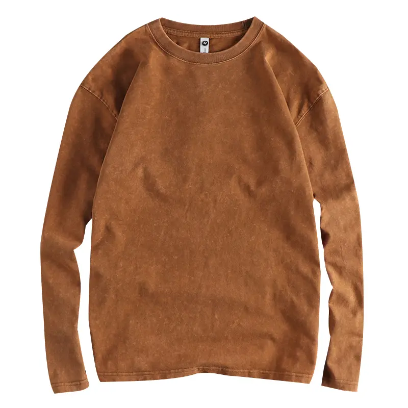 Autumn American Retro 270G Long-sleeved O-neck Heavyweight Solid Color T-shirt Men's Simple 100% Cotton Washed Casual Youth Tops