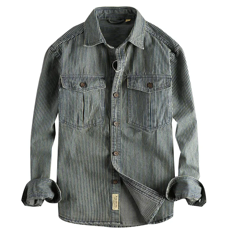 Autumn New American Retro Long Sleeved Lapel Denim Striped Cargo Shirt Men's Simple 100% Cotton Washed Old Casual Blouses Coat