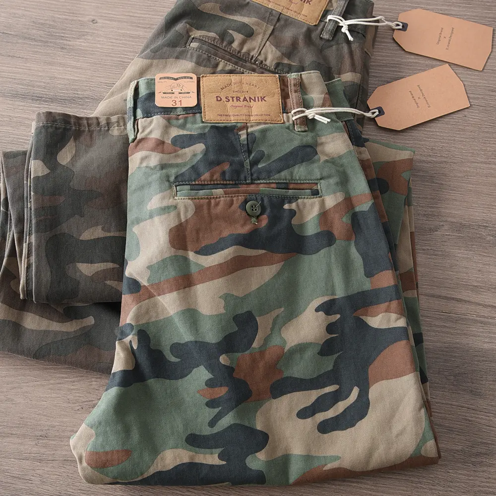 Spring and Autumn New American Rerto Heavyweight Camouflage Cargo Pants Men's 100% Cotton Washed Loose Straight Casual Trousers
