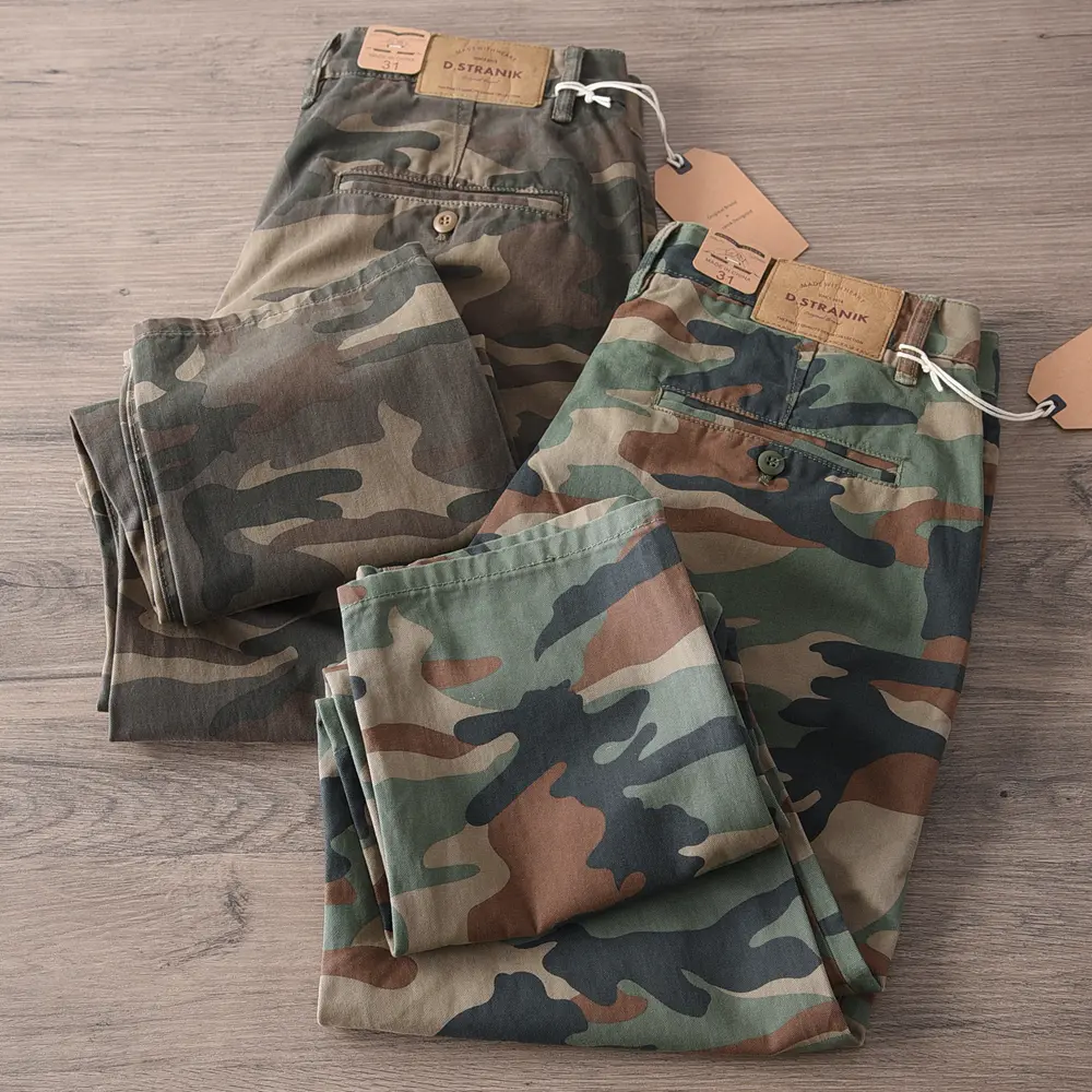 Spring and Autumn New American Rerto Heavyweight Camouflage Cargo Pants Men's 100% Cotton Washed Loose Straight Casual Trousers