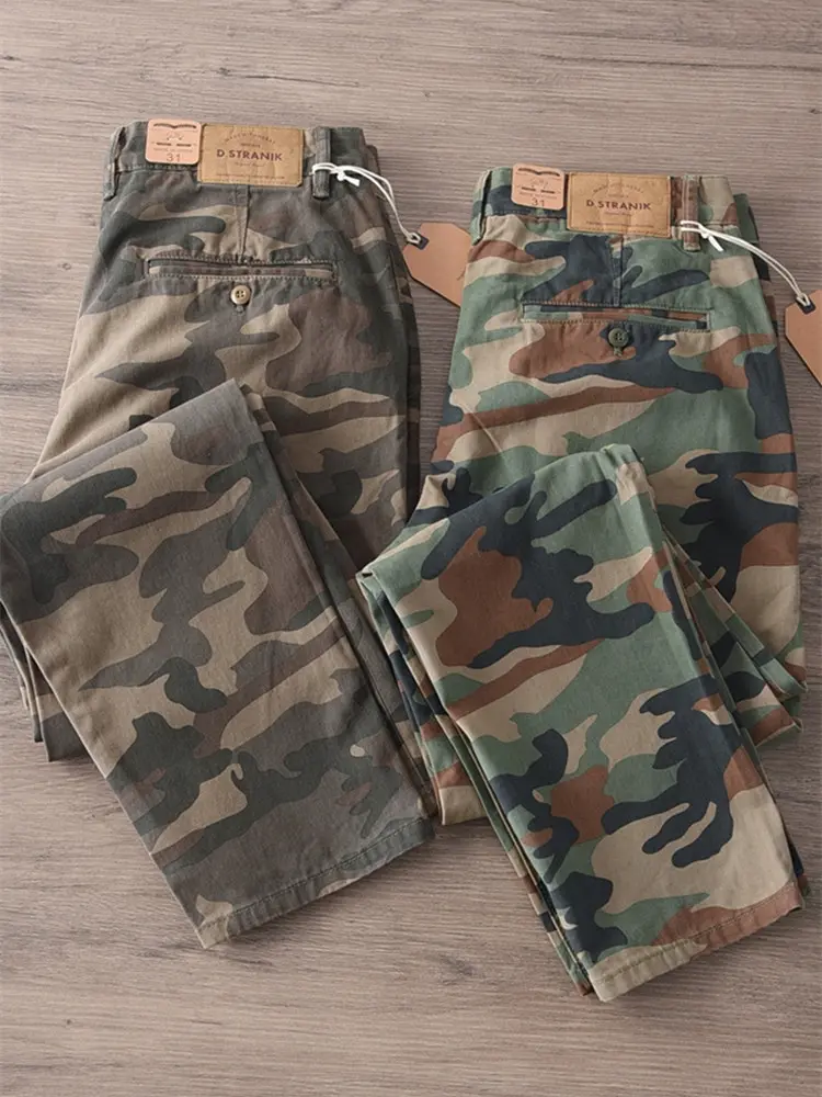 Spring and Autumn New American Rerto Heavyweight Camouflage Cargo Pants Men's 100% Cotton Washed Loose Straight Casual Trousers