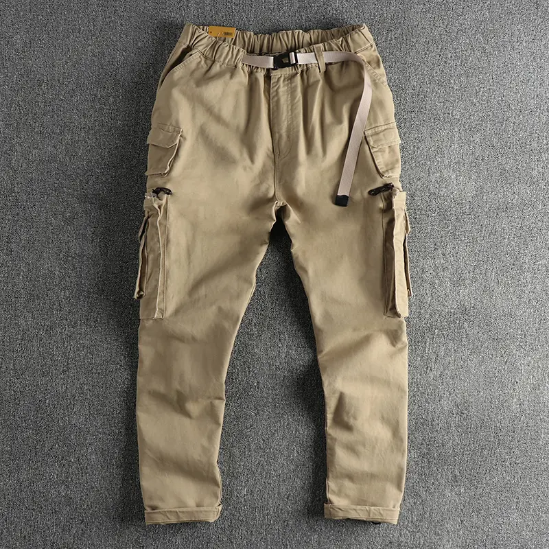 Autumn New American Retro Twill Woven Multi-pocket Cargo Pants Men's 100% Cotton Washed Elastic Waist Casual Straight Trousers