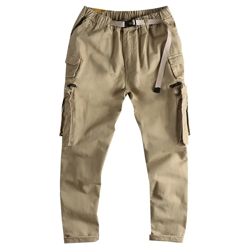 Autumn New American Retro Twill Woven Multi-pocket Cargo Pants Men's 100% Cotton Washed Elastic Waist Casual Straight Trousers