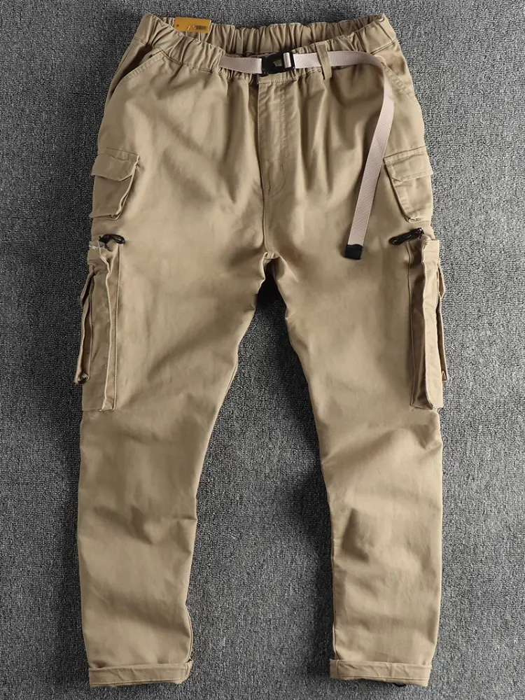 Autumn New American Retro Twill Woven Multi-pocket Cargo Pants Men's 100% Cotton Washed Elastic Waist Casual Straight Trousers