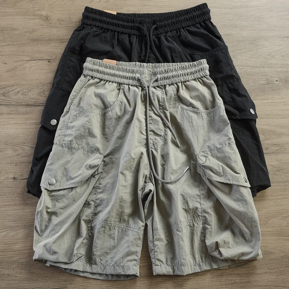 Summer New American Retro Quick-Drying Ice Silk Cargo Shorts Men's 100% Nylon Washed Casual Sports Straight Five-point Pants