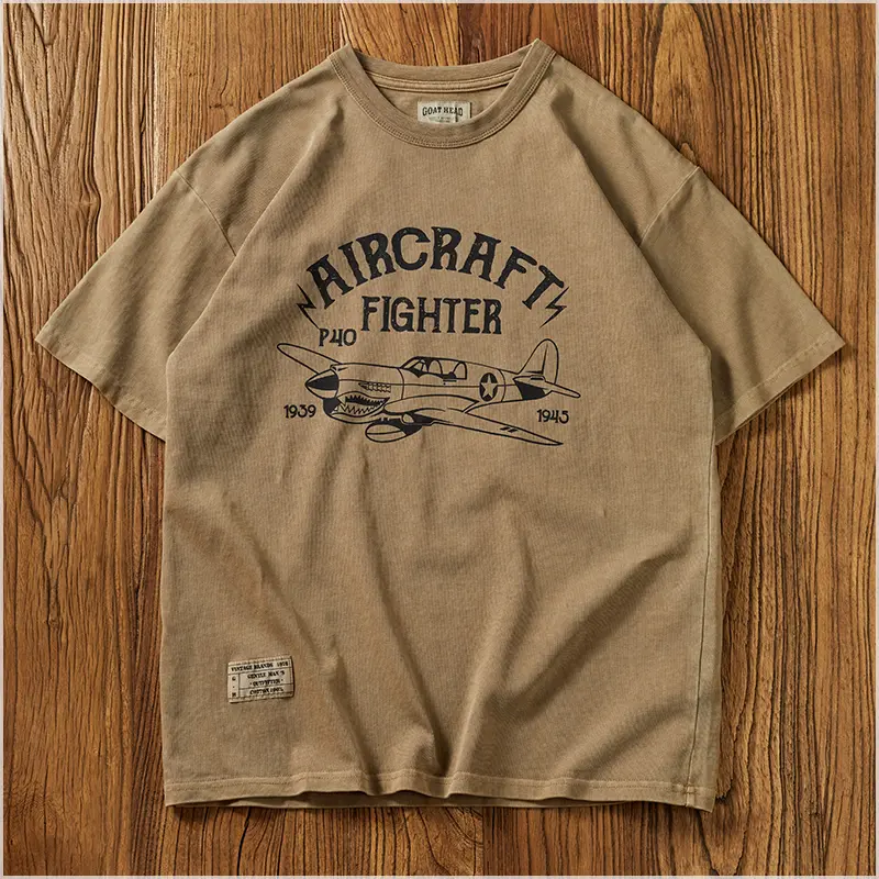 Summer American Retro 340G Heavyweight Short Sleeve Military Printed T-shirt Men's Fashion 100% Cotton Washed Casual Loose Tops