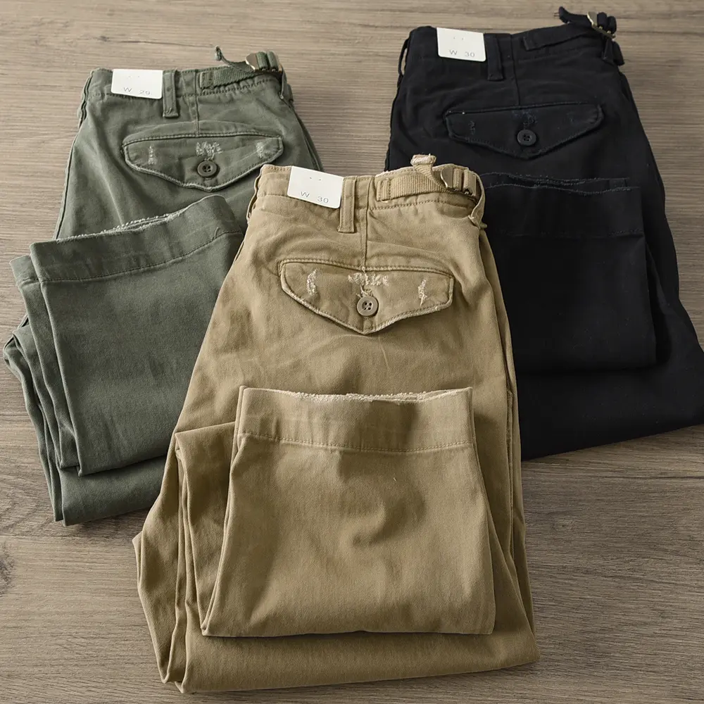 Autumn and Winter New American Retro Woven Twill Heavyweight Cargo Pants Men's Simple 97% Cotton Washed Casual Straight Trousers