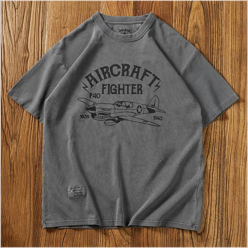 Summer American Retro 340G Heavyweight Short Sleeve Military Printed T-shirt Men's Fashion 100% Cotton Washed Casual Loose Tops