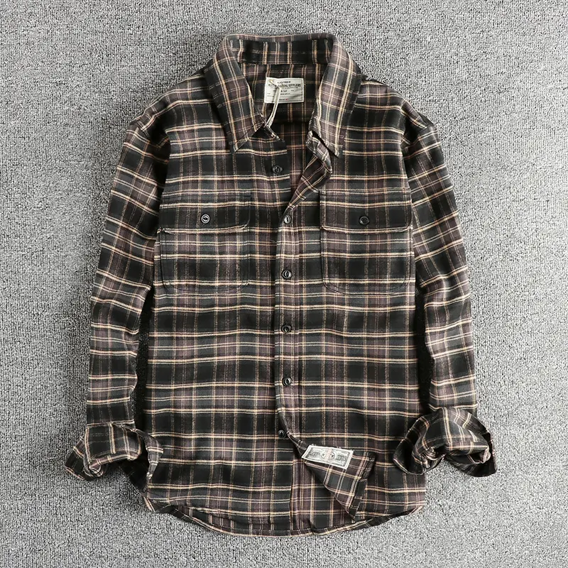 Autumn New American Retro Long-Sleeve Lapel Brushed Fabric Plaid Cargo Shirt Men's Simple Washed Double Pocket Casual Blouses