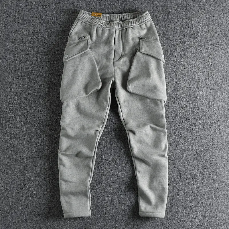 Winter New Japanese Retro Thickened Velvet Cargo Sweatpants Men's Casual Sports Elastic Waist Drawstring Loose Anke-tied Pants
