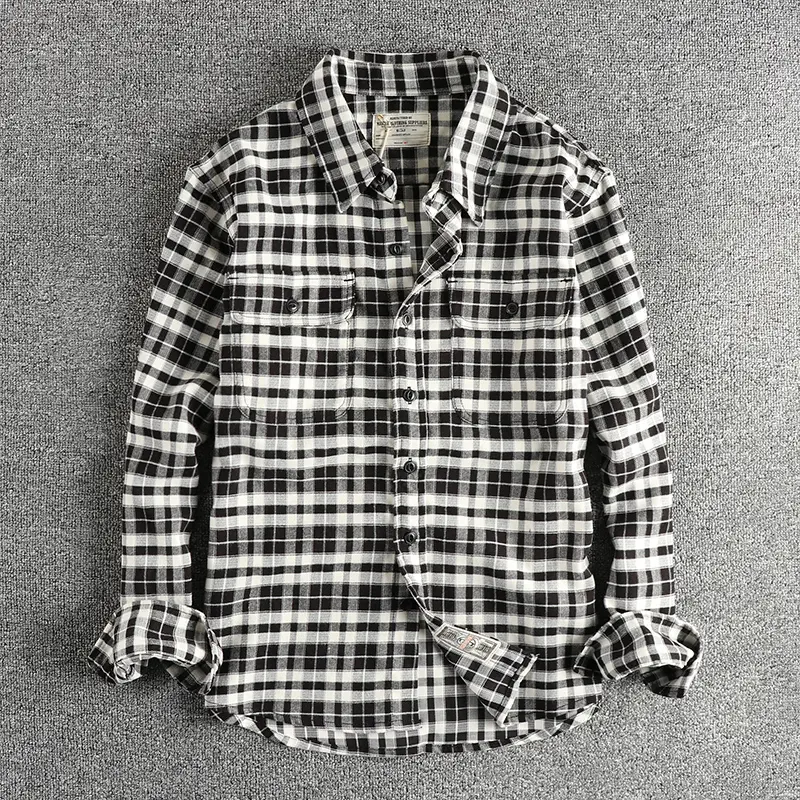 Autumn New American Retro Long-Sleeve Lapel Brushed Fabric Plaid Cargo Shirt Men's Simple Washed Double Pocket Casual Blouses