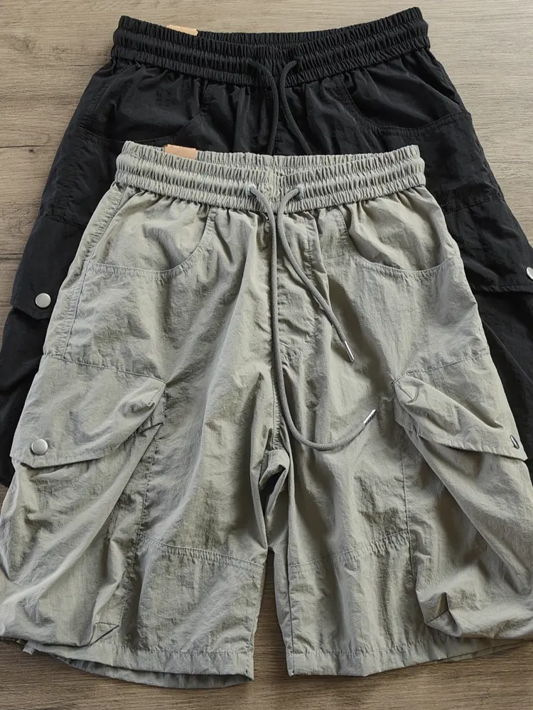 Summer New American Retro Quick-Drying Ice Silk Cargo Shorts Men's 100% Nylon Washed Casual Sports Straight Five-point Pants
