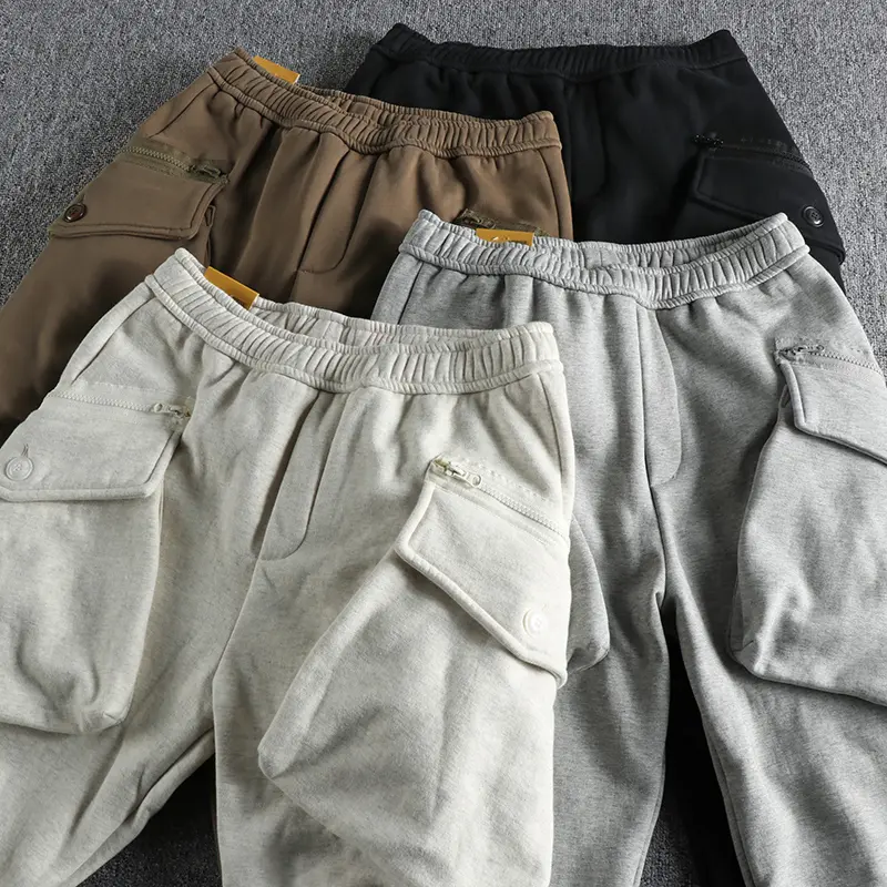 Winter New Japanese Retro Thickened Velvet Cargo Sweatpants Men's Casual Sports Elastic Waist Drawstring Loose Anke-tied Pants