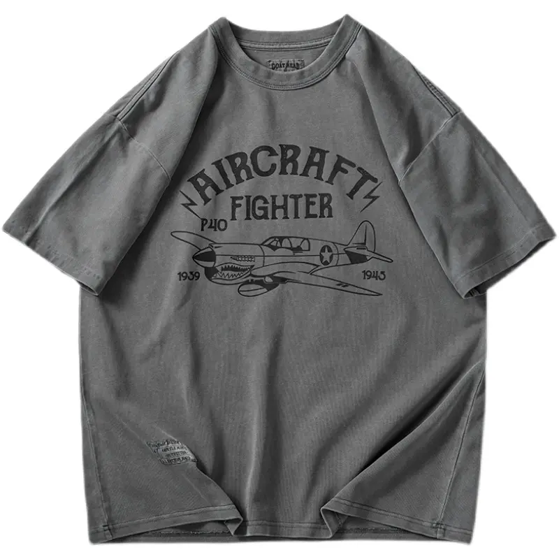 Summer American Retro 340G Heavyweight Short Sleeve Military Printed T-shirt Men's Fashion 100% Cotton Washed Casual Loose Tops