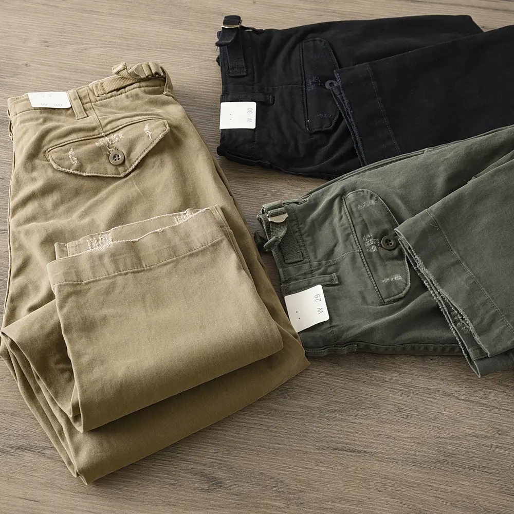 Autumn and Winter New American Retro Woven Twill Heavyweight Cargo Pants Men's Simple 97% Cotton Washed Casual Straight Trousers