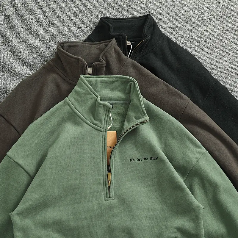 Winter New American Retro Long Sleeve Stand Collar Thick Velvet Sweatshirts Men's Simple 100% Cotton Washed Pullover Casual Coat