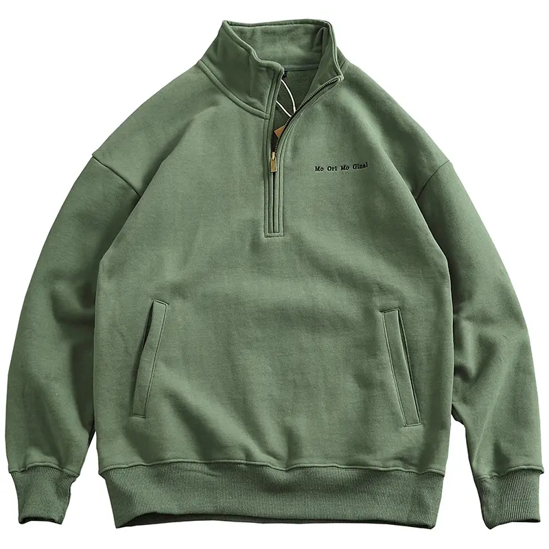 Winter New American Retro Long Sleeve Stand Collar Thick Velvet Sweatshirts Men's Simple 100% Cotton Washed Pullover Casual Coat