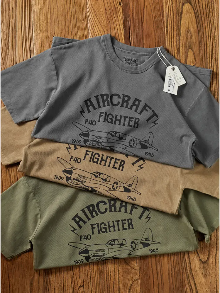 Summer American Retro 340G Heavyweight Short Sleeve Military Printed T-shirt Men's Fashion 100% Cotton Washed Casual Loose Tops