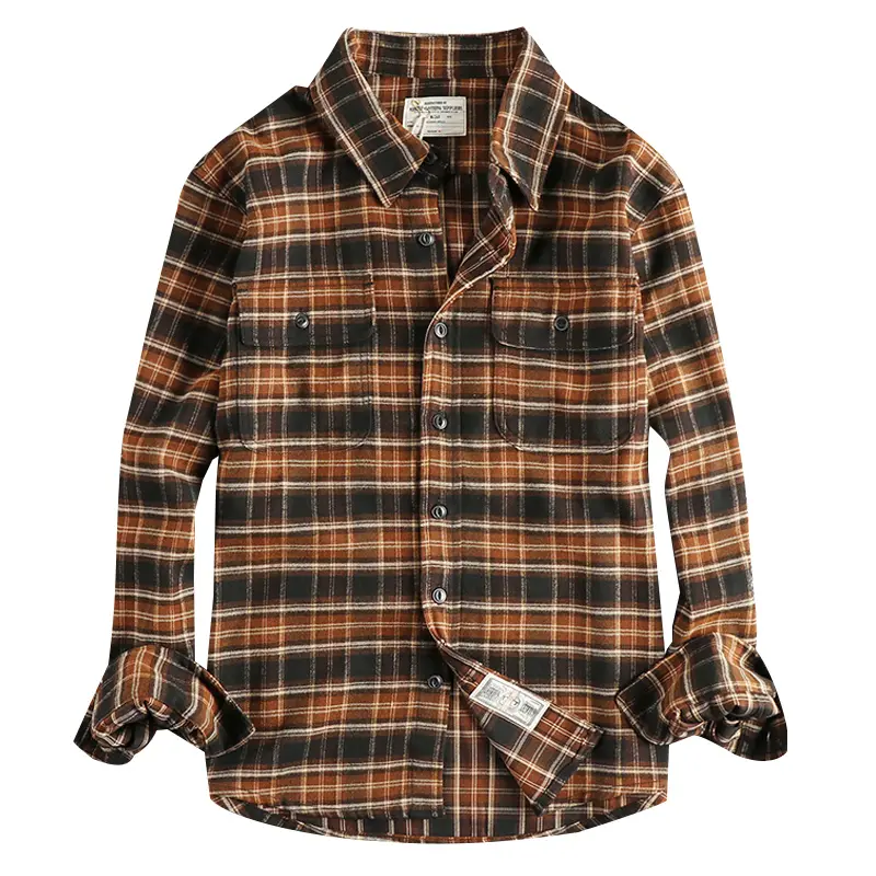 Autumn New American Retro Long-Sleeve Lapel Brushed Fabric Plaid Cargo Shirt Men's Simple Washed Double Pocket Casual Blouses