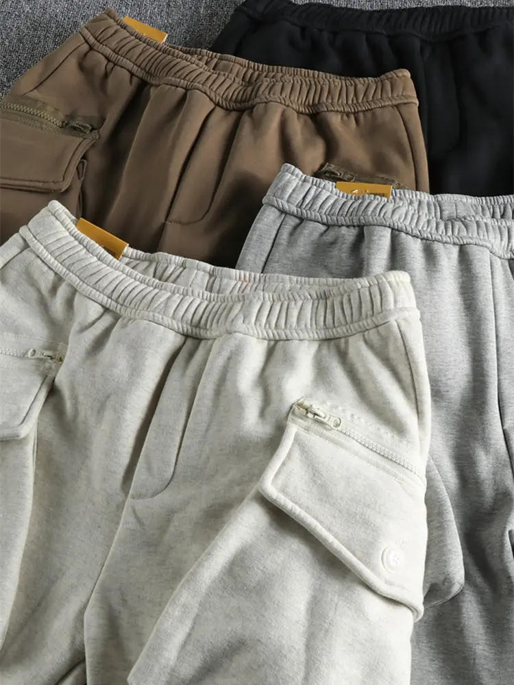 Winter New Japanese Retro Thickened Velvet Cargo Sweatpants Men's Casual Sports Elastic Waist Drawstring Loose Anke-tied Pants