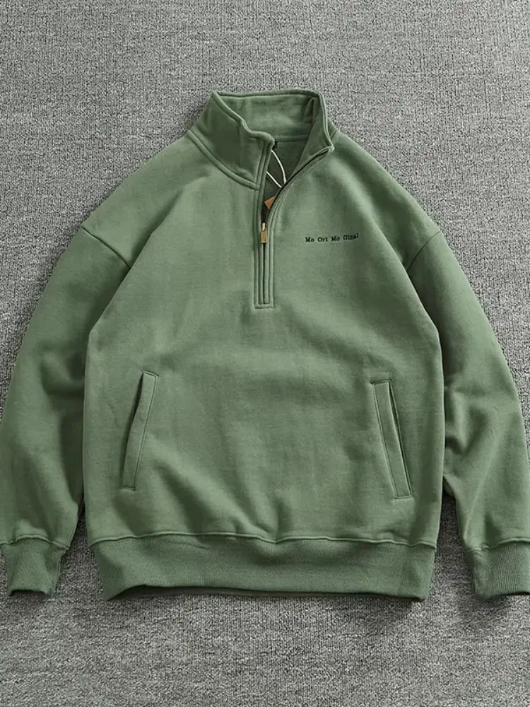 Winter New American Retro Long Sleeve Stand Collar Thick Velvet Sweatshirts Men's Simple 100% Cotton Washed Pullover Casual Coat