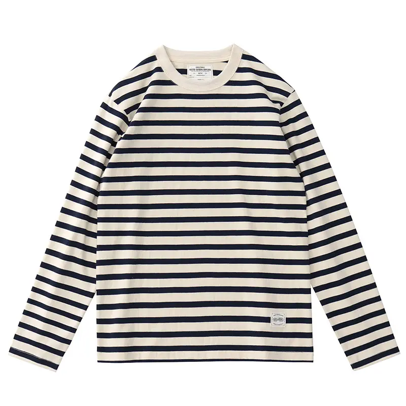 Autumn New American Retro 250g Heavyweight O-neck Striped T-shirt Men's Fashion 100% Cotton Washed Casual Loose Tough Guy Tops