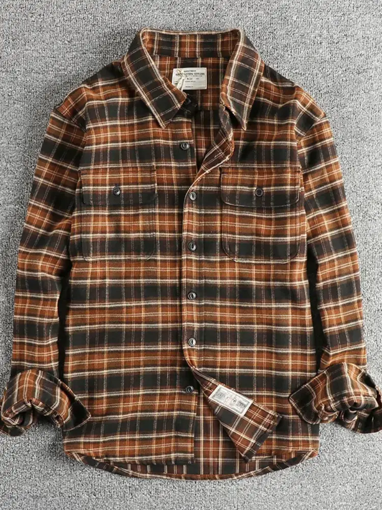 Autumn New American Retro Long-Sleeve Lapel Brushed Fabric Plaid Cargo Shirt Men's Simple Washed Double Pocket Casual Blouses