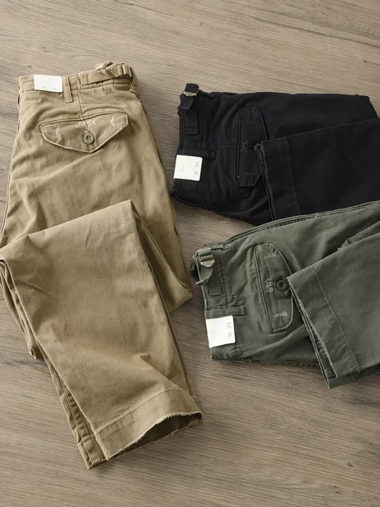 Autumn and Winter New American Retro Woven Twill Heavyweight Cargo Pants Men's Simple 97% Cotton Washed Casual Straight Trousers