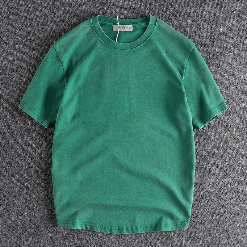 Summer American Retro 300g Heavyweight Short-sleeved O-neck Solid Color T-shirt Men's Simple 100% Cotton Washed Old Casual Tops